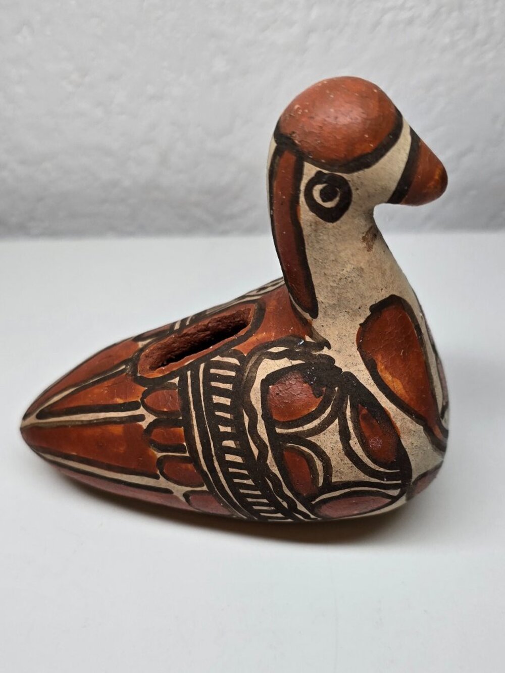 Vintage Mexican Folk Art Pottery Owl Bird Whistle Hand Painted Tonala Jalisco